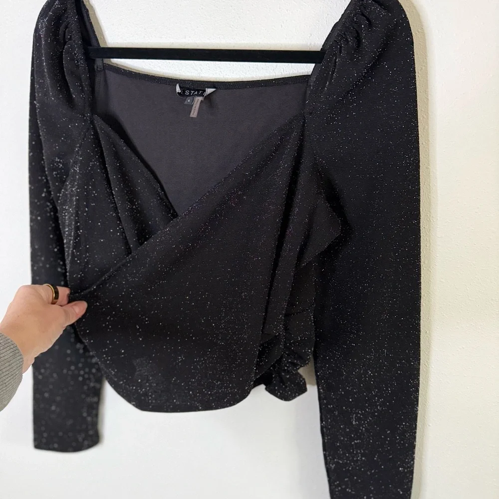 1 State Black Sparkle Square Neck Puff Sleeve Party Top L